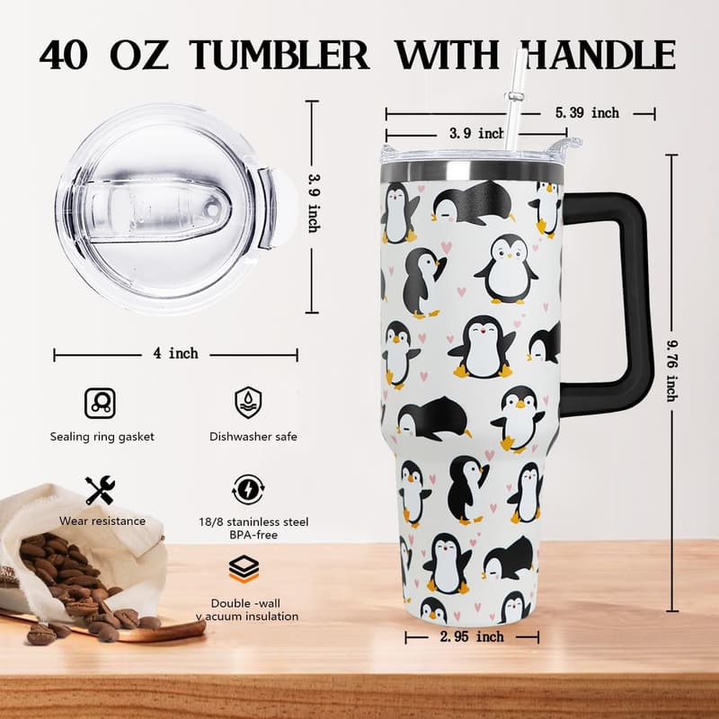 Penguin Travel Mug with Handle - 40 Oz Coffee Tumbler for Women