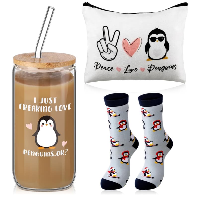 Thank You Gift Set for Women: Penguin Coffee Glass, Makeup Bag & Socks