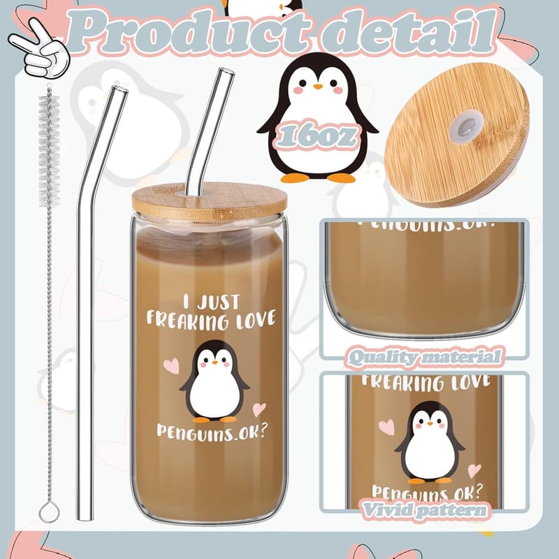 Thank You Gift Set for Women: Penguin Coffee Glass, Makeup Bag & Socks