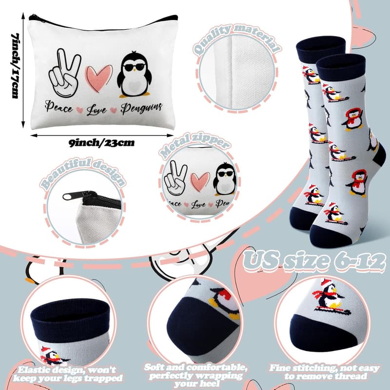 Thank You Gift Set for Women: Penguin Coffee Glass, Makeup Bag & Socks