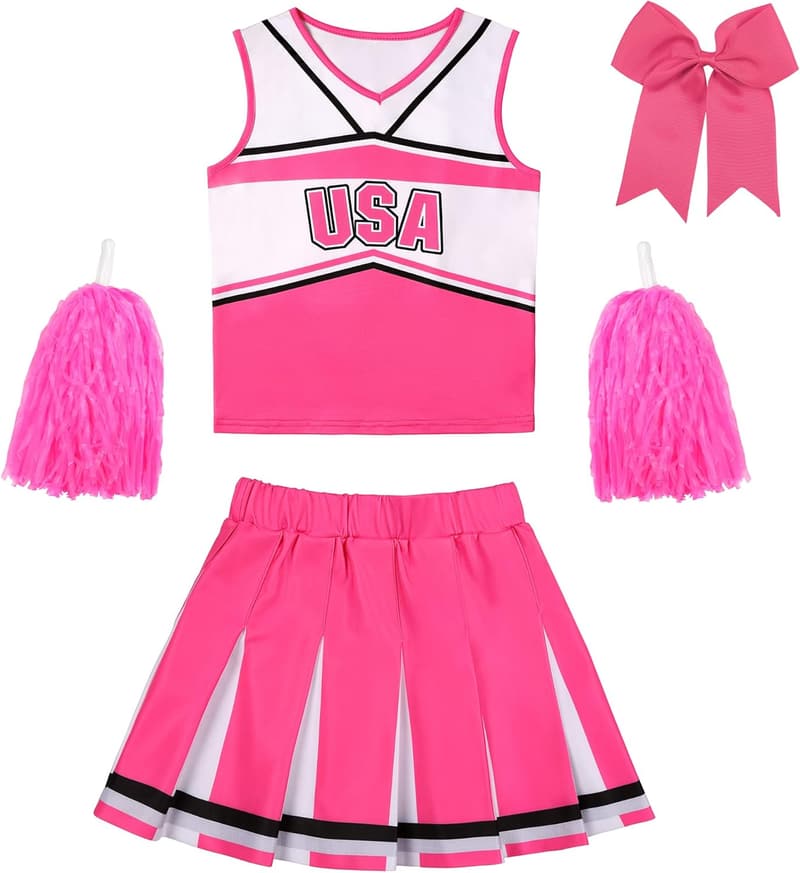 Girls' Pink Cheerleading Costume with Pom Poms for Birthdays
