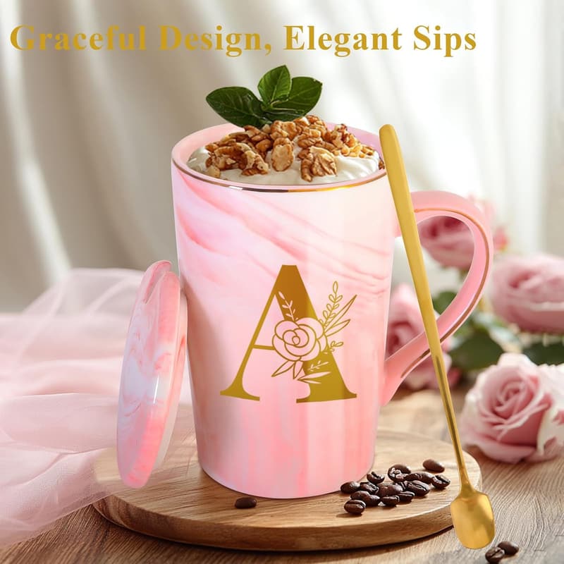 Personalized Pink Ceramic Mug with Lid - Birthday Gift for Women