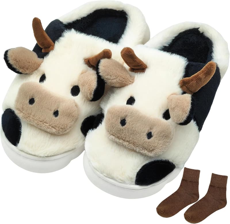 Fluffy Cow Slippers for Women - Soft Plush House Shoes