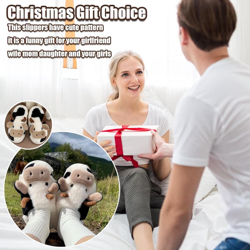 Fluffy Cow Slippers for Women - Soft Plush House Shoes