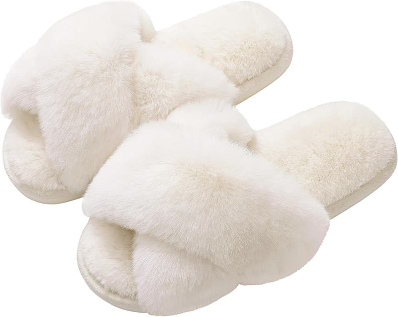 Women's Open Toe Fuzzy Cross Band Memory Foam Slippers