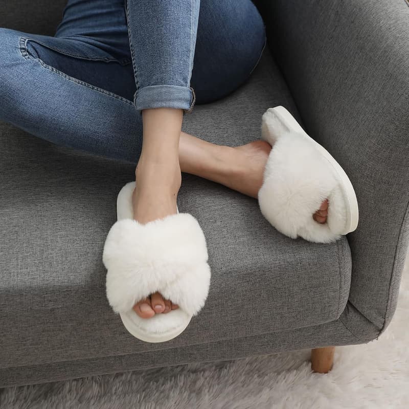 Women's Open Toe Fuzzy Cross Band Memory Foam Slippers