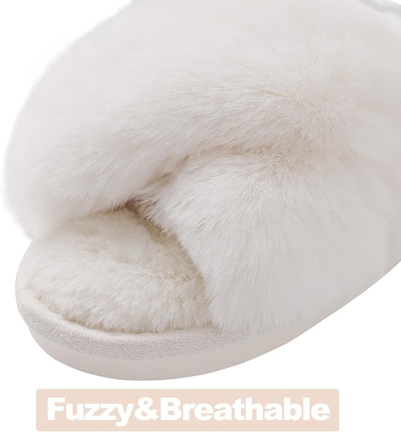 Women's Open Toe Fuzzy Cross Band Memory Foam Slippers