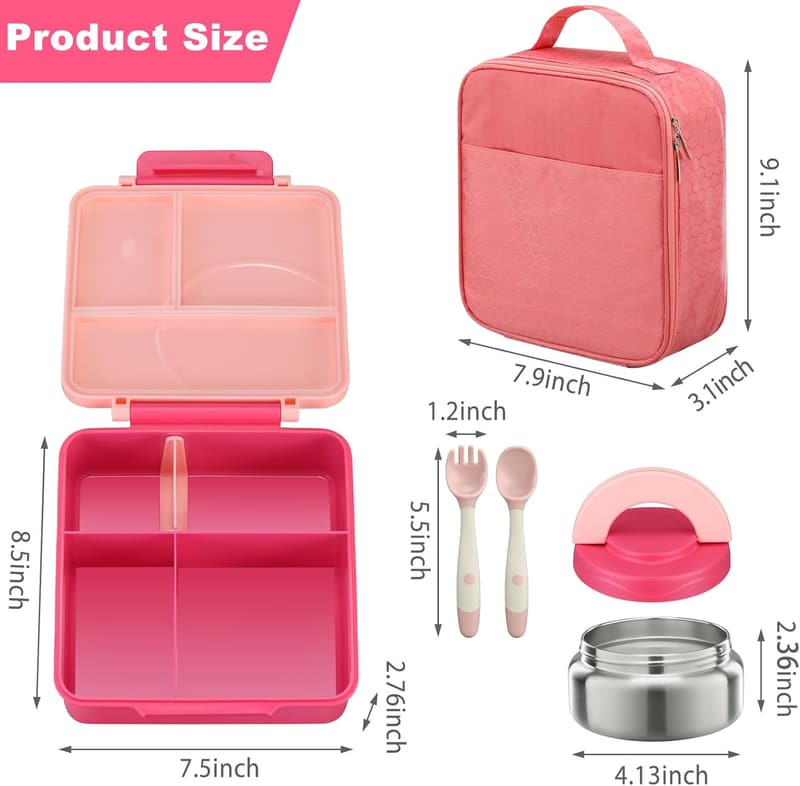 Kids' Bento Lunch Box Set with Insulated Bag & Soup Thermos - Pink