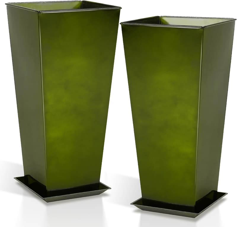 Large Green Metal Planter Set of 2 with Drainage, Glossy Finish