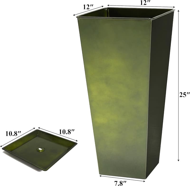 Large Green Metal Planter Set of 2 with Drainage, Glossy Finish