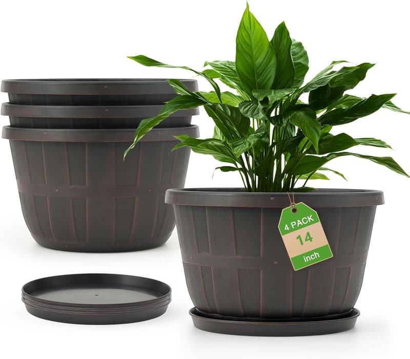 Large Brown Resin Plant Pots with Drainage Holes - 4 Pack