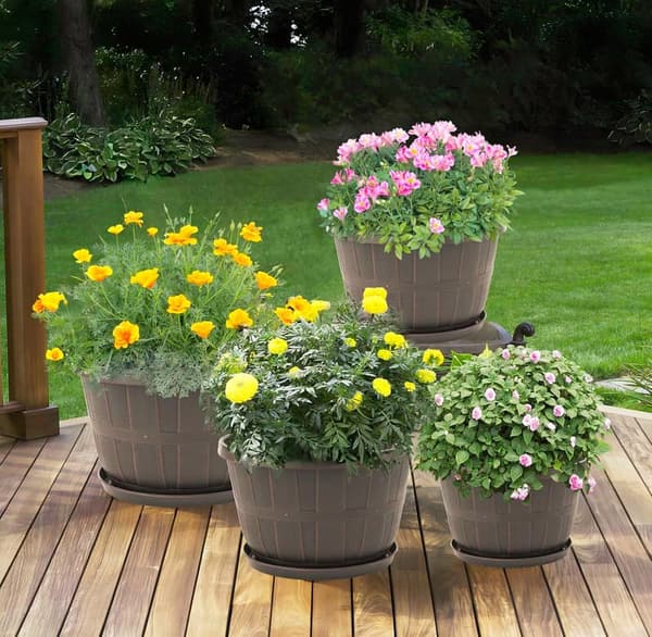 Large Brown Resin Plant Pots with Drainage Holes - 4 Pack