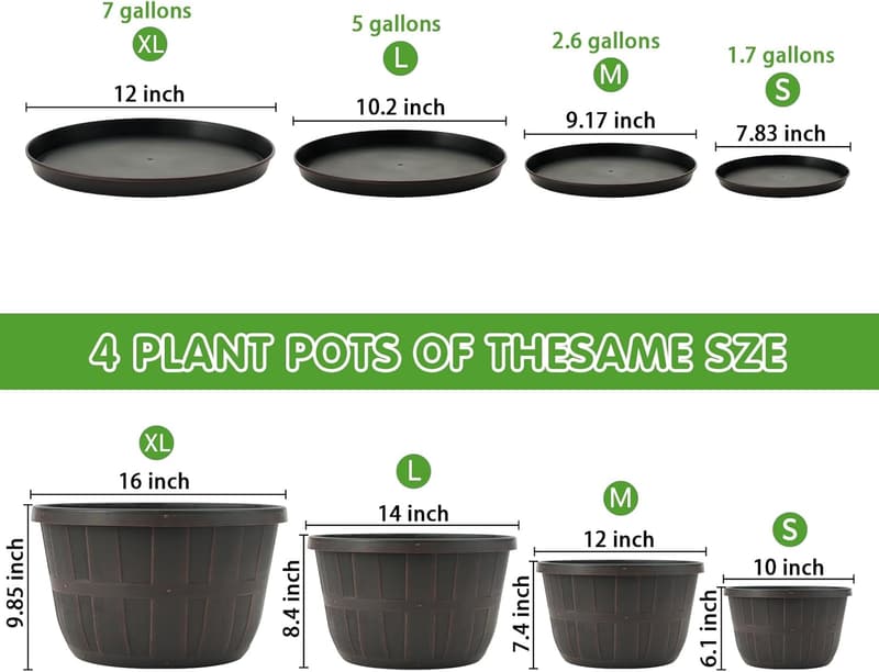 Large Brown Resin Plant Pots with Drainage Holes - 4 Pack