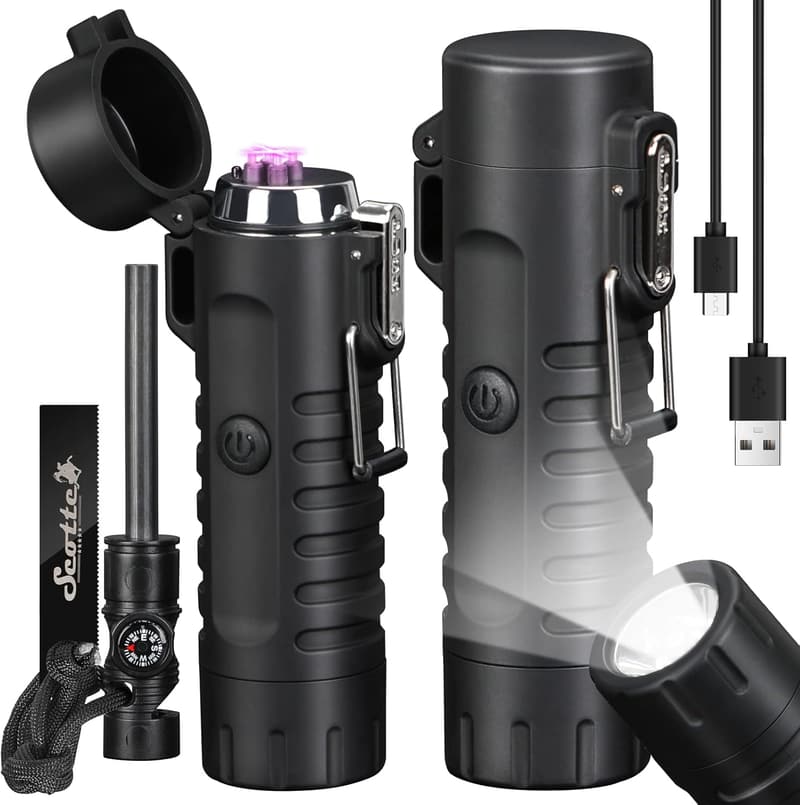 Multi-Function Electric Lighter with LED Flashlight - Black