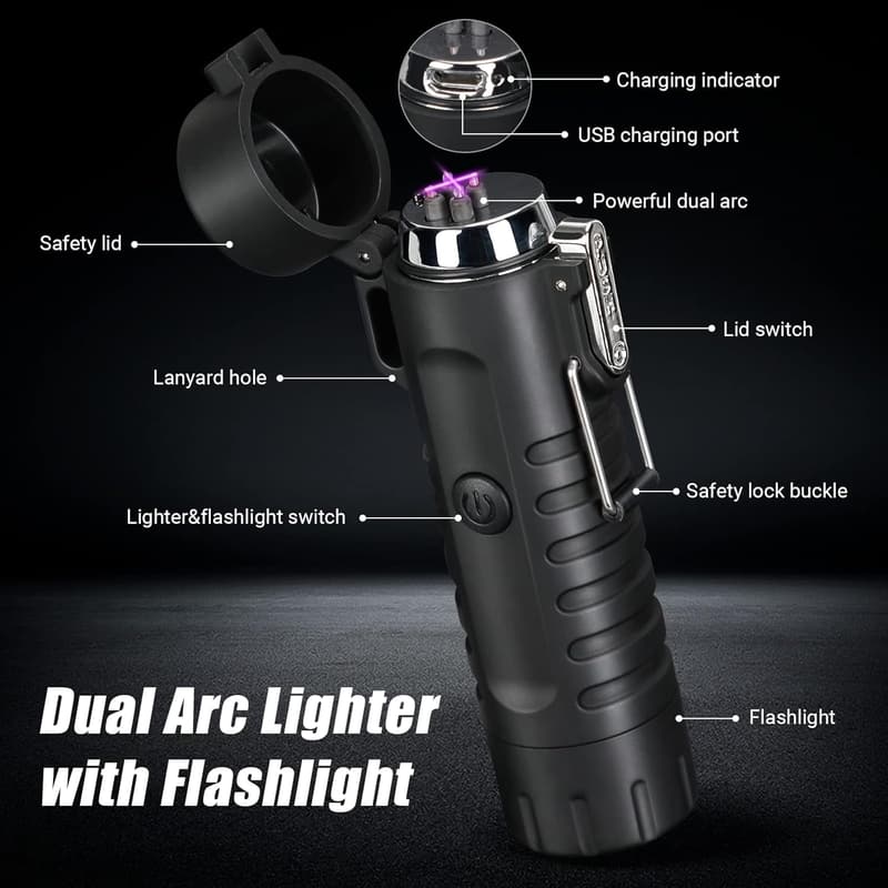 Multi-Function Electric Lighter with LED Flashlight - Black