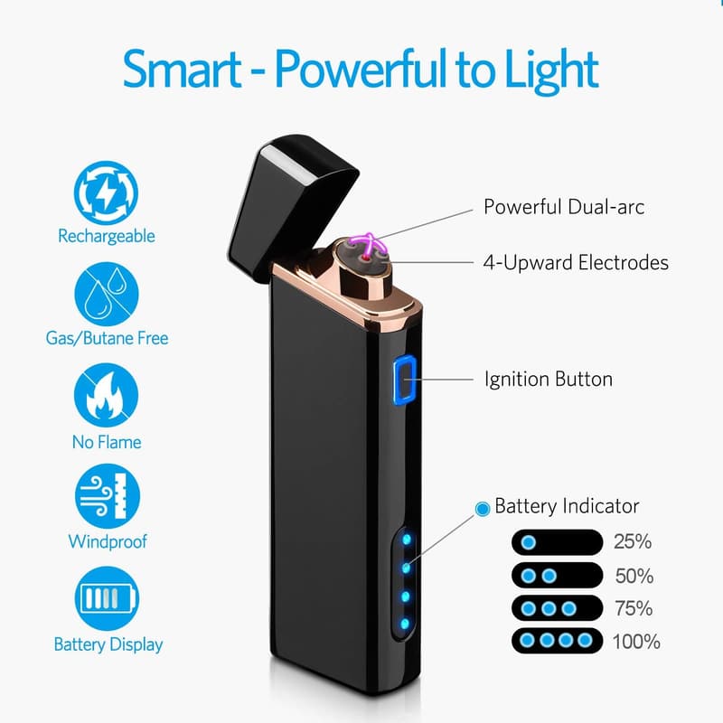 USB Rechargeable Windproof Electric Arc Lighter - Bright Black