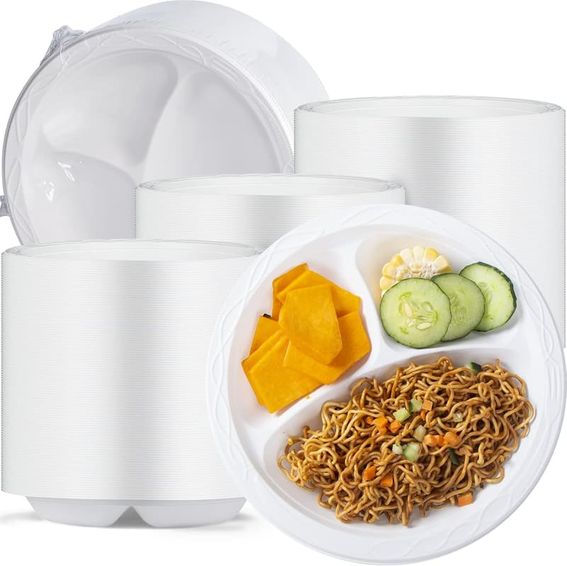 150-Pack BPA-Free 9-Inch White Plastic Dinner Plates with 3 Compartments