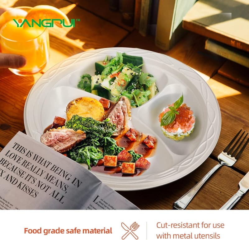 150-Pack BPA-Free 9-Inch White Plastic Dinner Plates with 3 Compartments