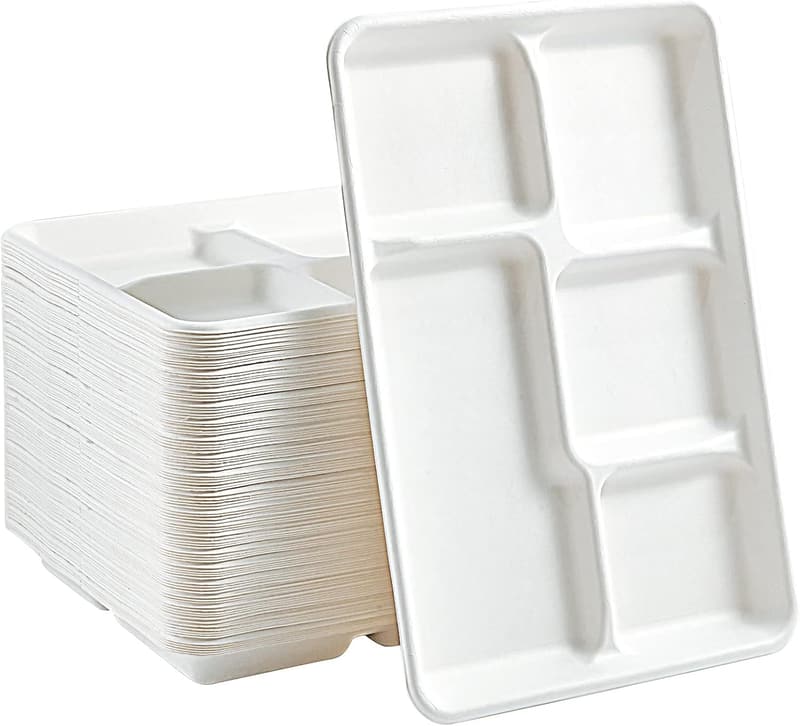 Eco-Friendly 100% Compostable 5-Compartment Paper Plates, 100 Pack