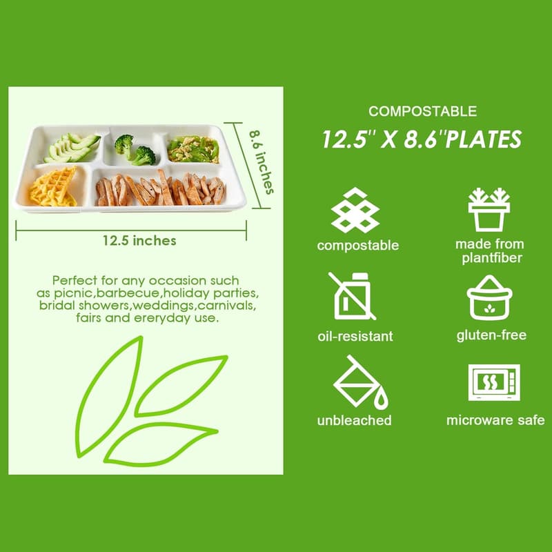 Eco-Friendly 100% Compostable 5-Compartment Paper Plates, 100 Pack