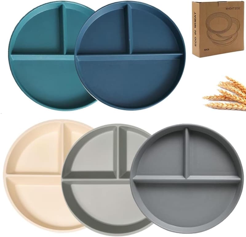 Divided Dinner Plates for Adults - 5 Pack, 9-inch Reusable Plastic