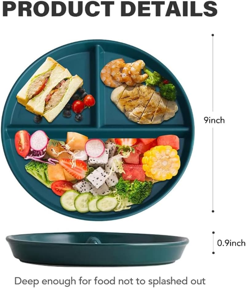Divided Dinner Plates for Adults - 5 Pack, 9-inch Reusable Plastic