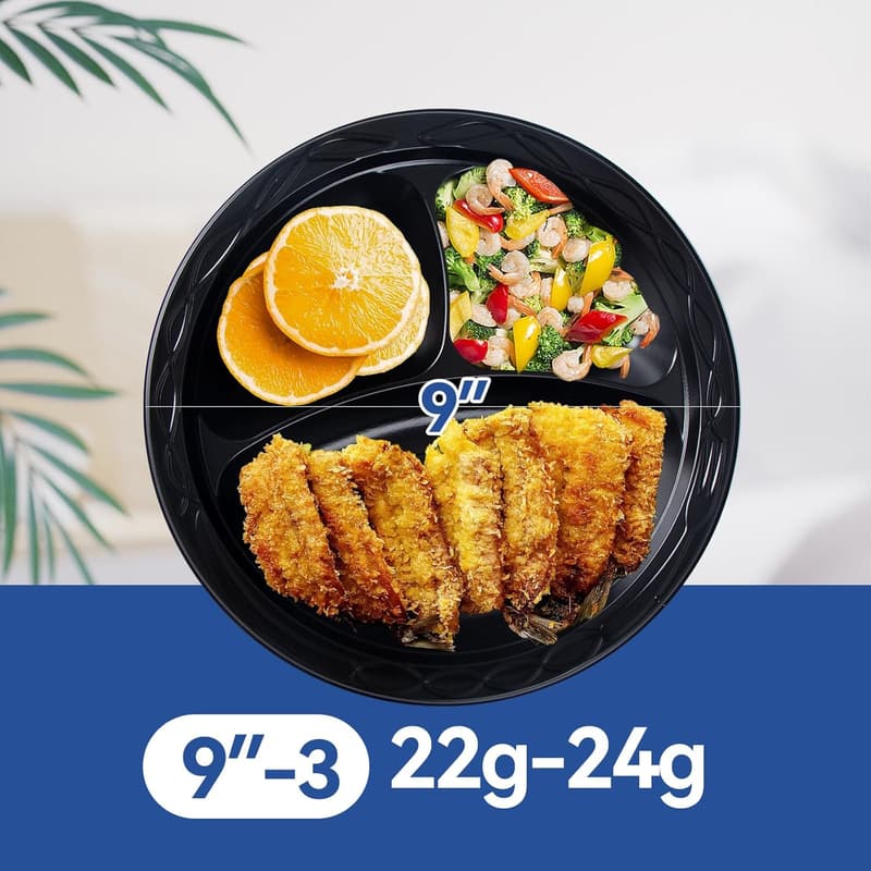 Reusable 9-Inch Plastic Dinner Plates - 150 Pack, 3 Compartments