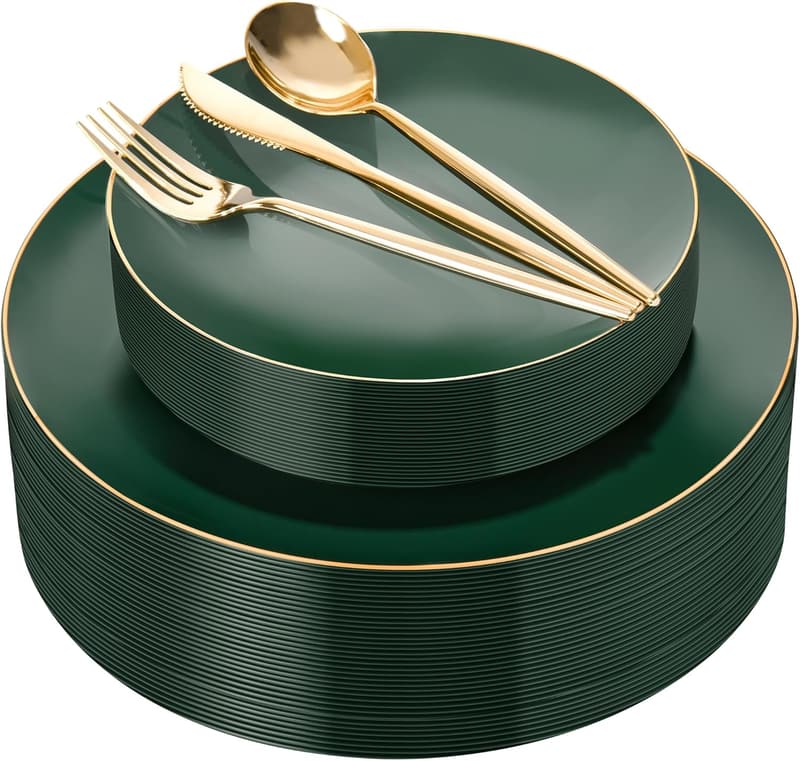 Green Disposable Plates Set with Gold Rim for Party & Wedding
