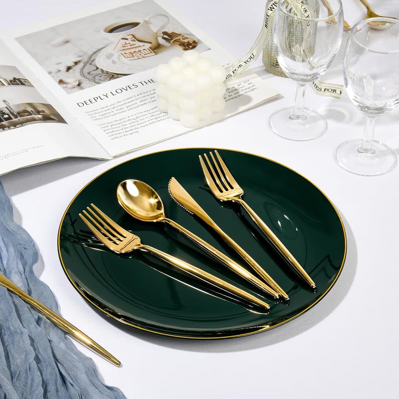 Green Disposable Plates Set with Gold Rim for Party & Wedding