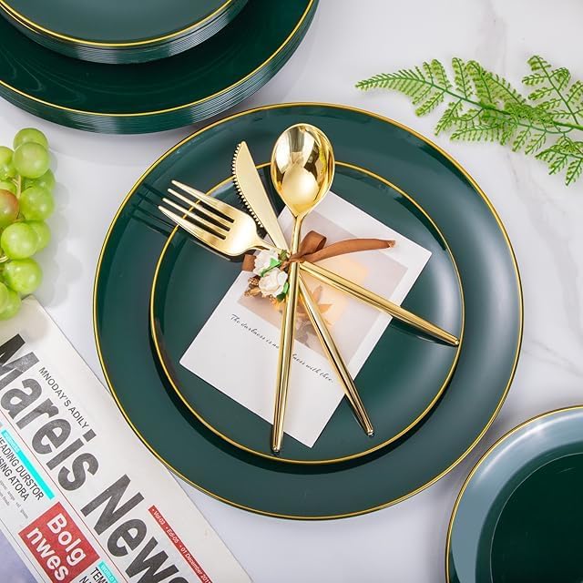 Green Disposable Plates Set with Gold Rim for Party & Wedding