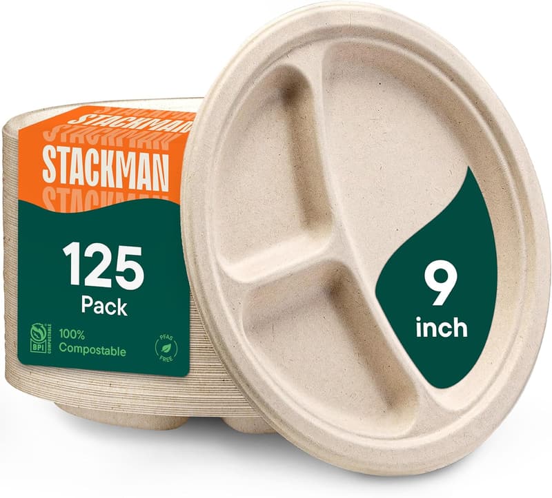 Compostable 3-Compartment Disposable Paper Plates - 125-Pack