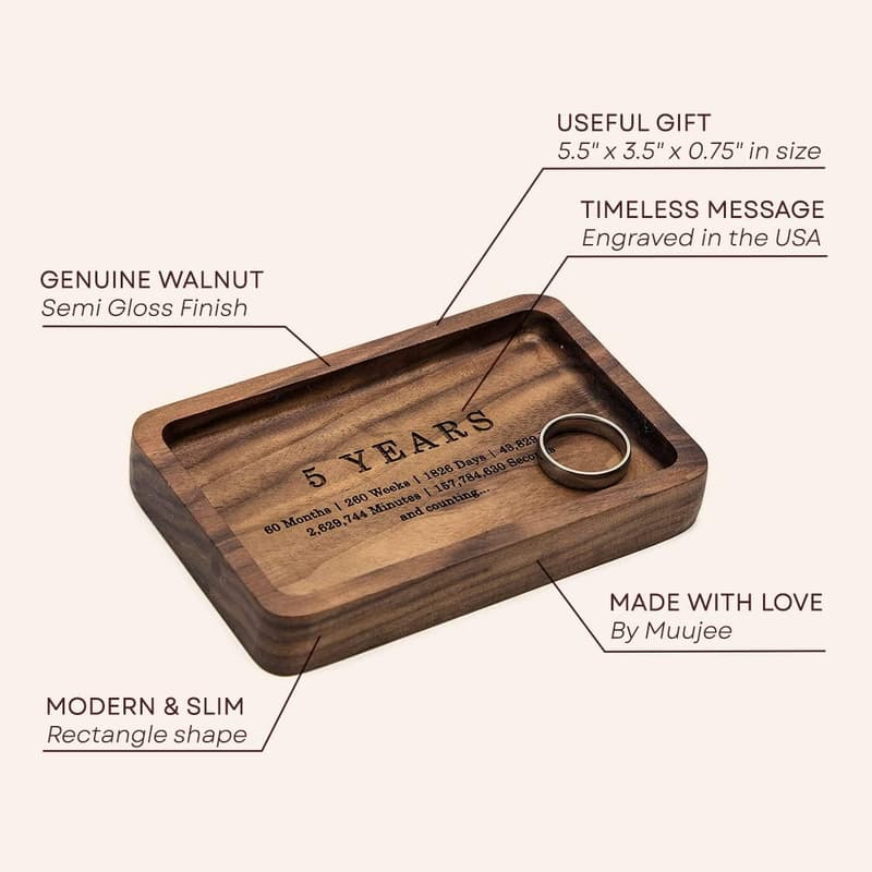 5th Anniversary Engraved Wood Ring Dish for Couples