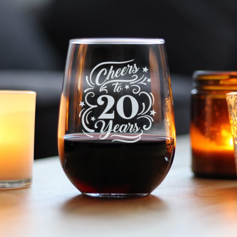 20th Anniversary Stemless Wine Glass - 17 oz Gift for Couples