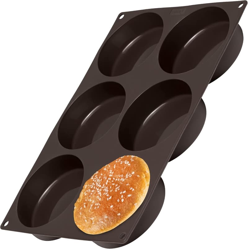 Silicone Hamburger Bun Baking Pan - 6 Cavity Non-Stick Mold