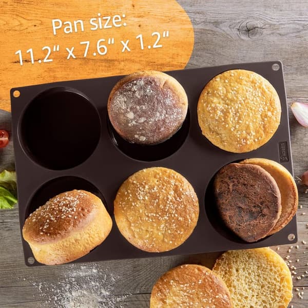 Silicone Hamburger Bun Baking Pan - 6 Cavity Non-Stick Mold
