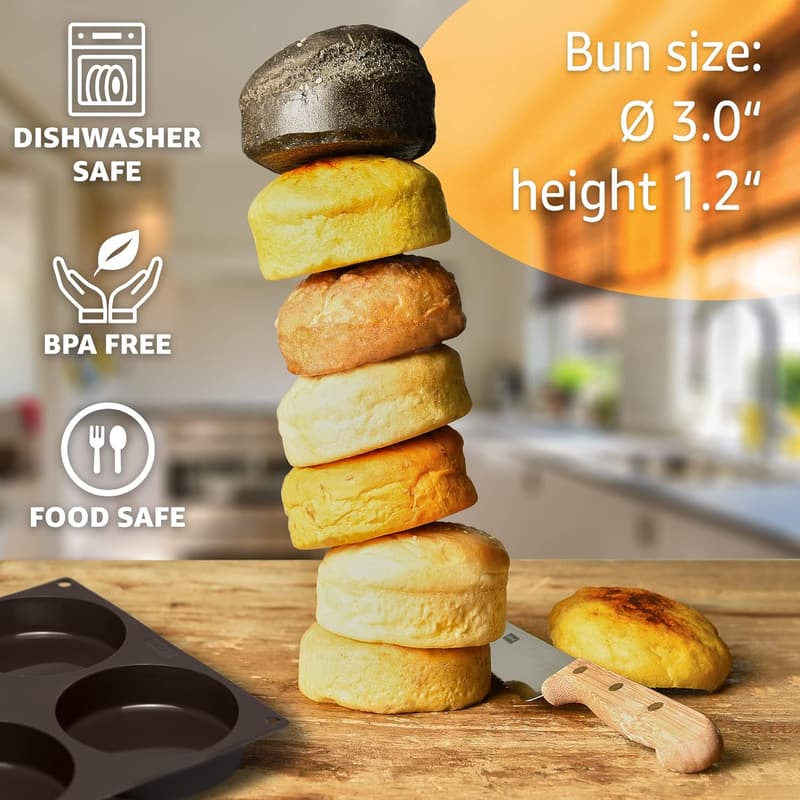 Silicone Hamburger Bun Baking Pan - 6 Cavity Non-Stick Mold