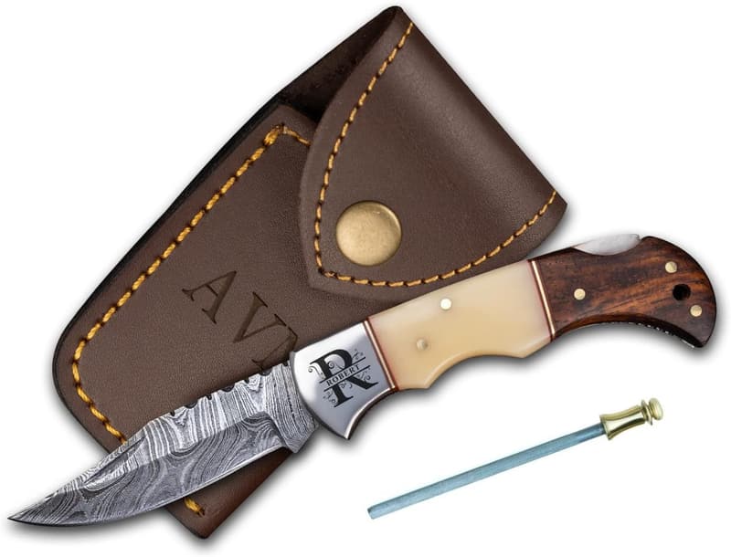 Customized Damascus Steel Pocket Knife for Men - Handmade Folding Knife with Sheath