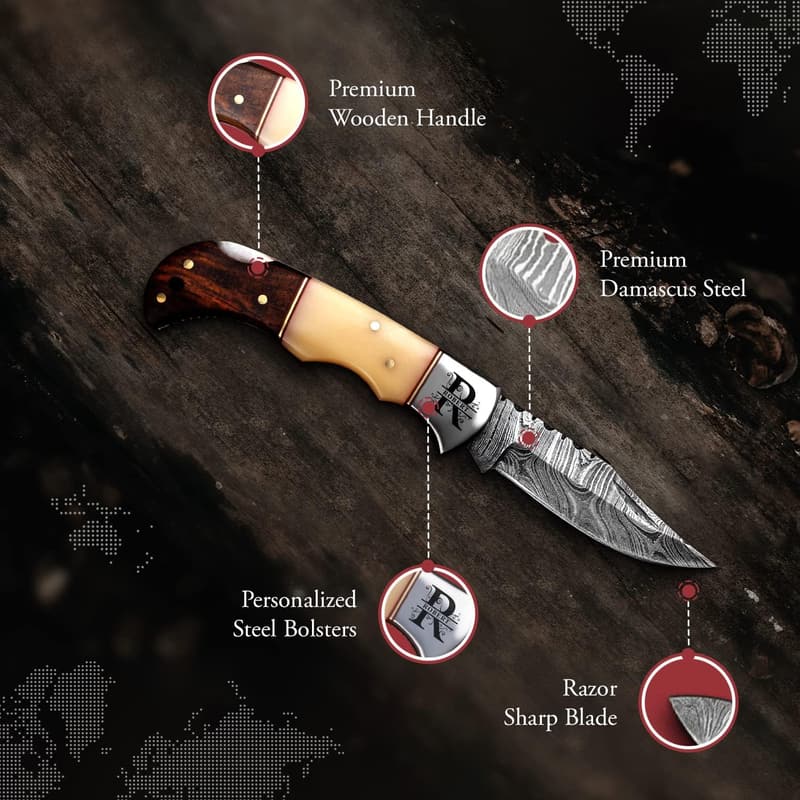 Customized Damascus Steel Pocket Knife for Men - Handmade Folding Knife with Sheath