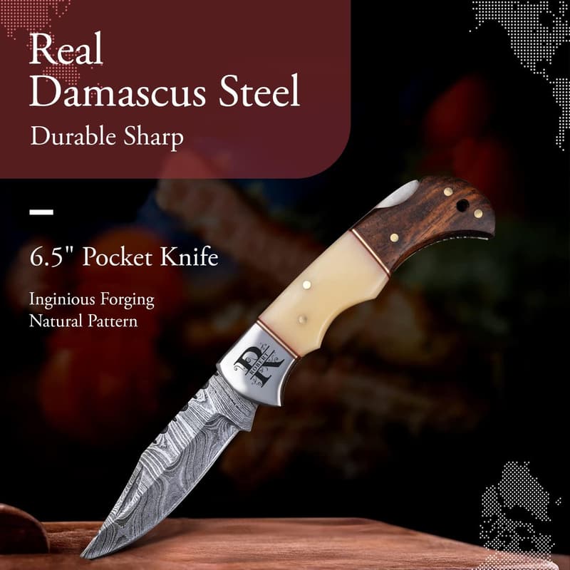 Customized Damascus Steel Pocket Knife for Men - Handmade Folding Knife with Sheath