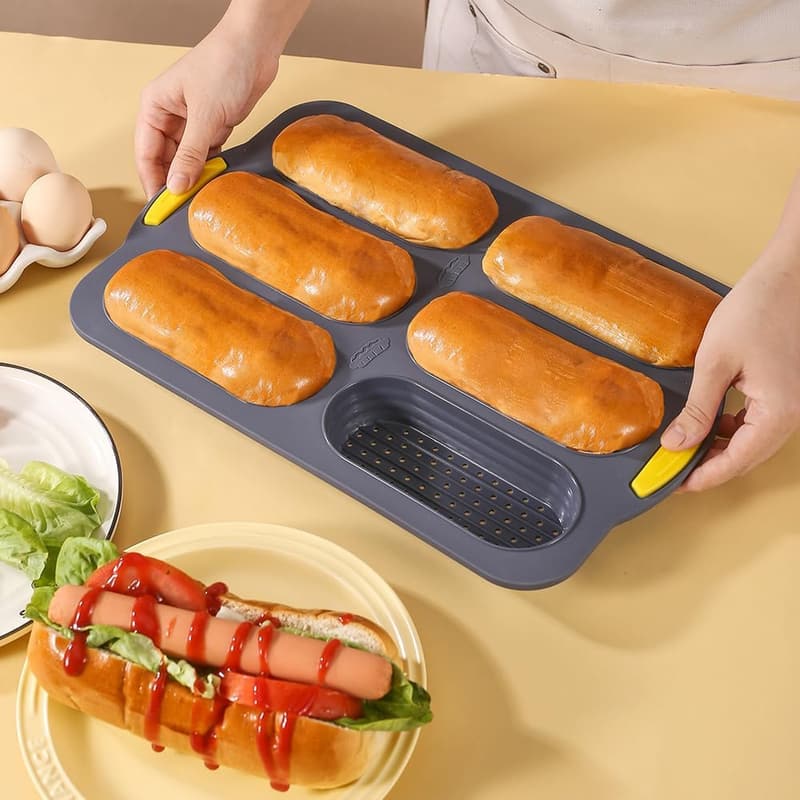 Silicone Hot Dog Bun Pan, 6 Cavity Nonstick Baking Tray