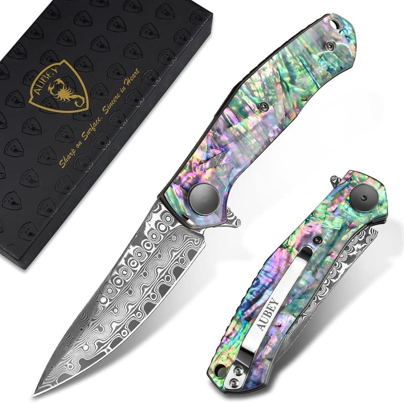 Damascus Pocket Knife with Abalone Handle for Camping & EDC