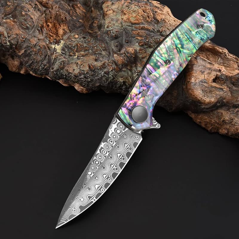 Damascus Pocket Knife with Abalone Handle for Camping & EDC