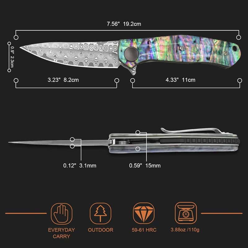 Damascus Pocket Knife with Abalone Handle for Camping & EDC