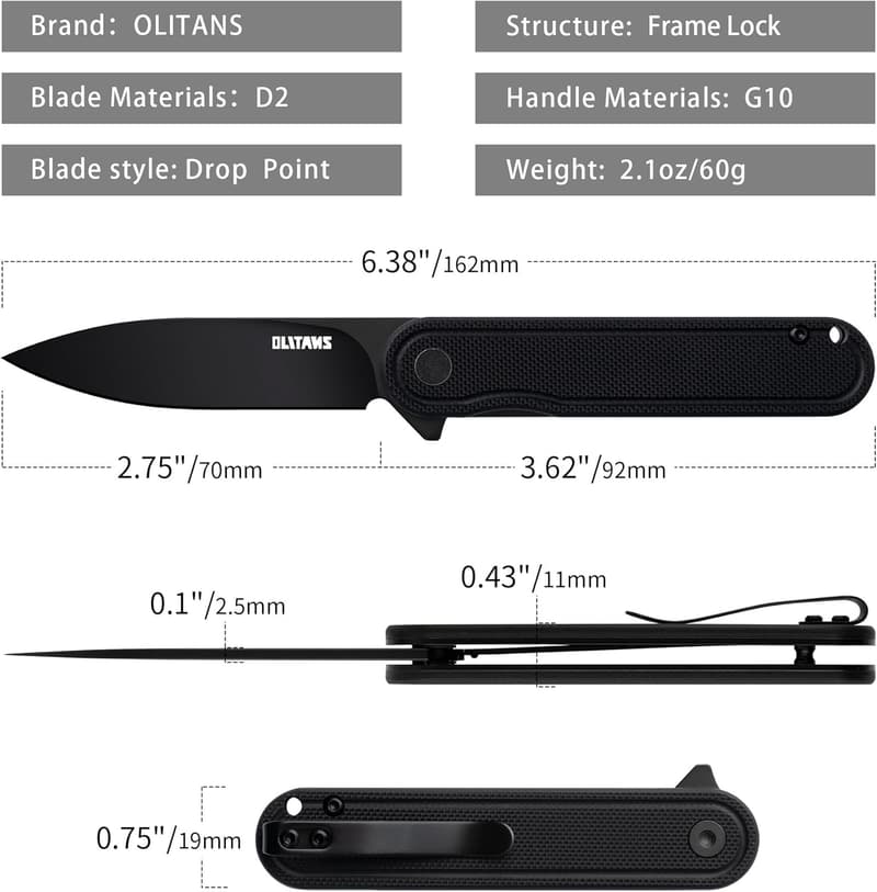 G040 EDC Pocket Knife with 2.75'' D2 Steel Blade and G10 Handle