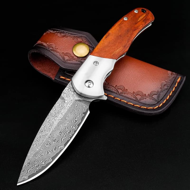 Damascus Pocket Knife for Men - VG10 Steel, Leather Sheath