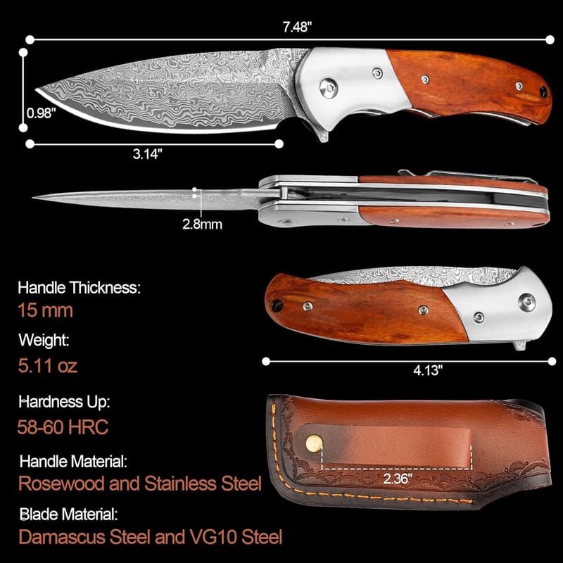 Damascus Pocket Knife for Men - VG10 Steel, Leather Sheath