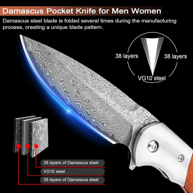 Damascus Pocket Knife for Men - VG10 Steel, Leather Sheath