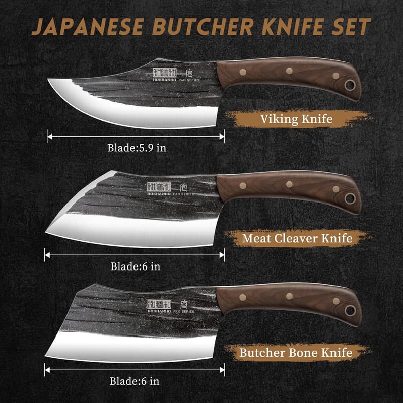 High Carbon Steel 3-Piece Butcher Knife Set for Cooking & BBQ