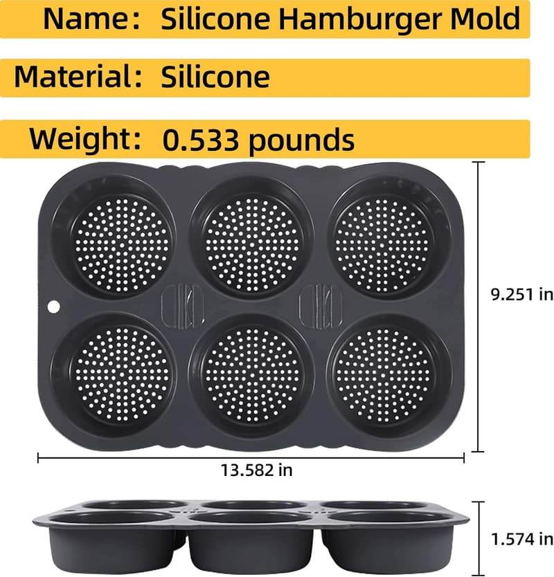 Silicone Hamburger Bun Mold - 6 Cavity Non-Stick Baking Pan