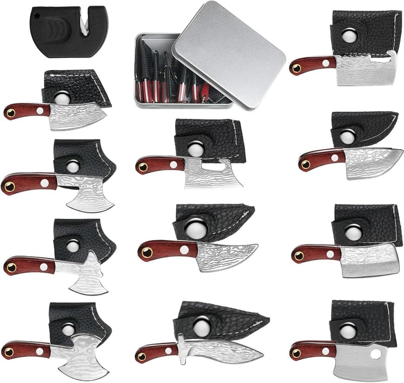 Damascus Mini Pocket Knife Set with Sharpener & Box